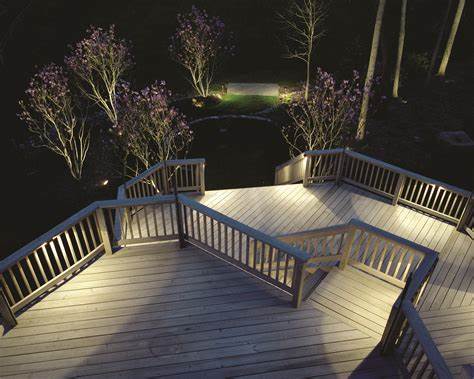a deck illuminated by deck lights