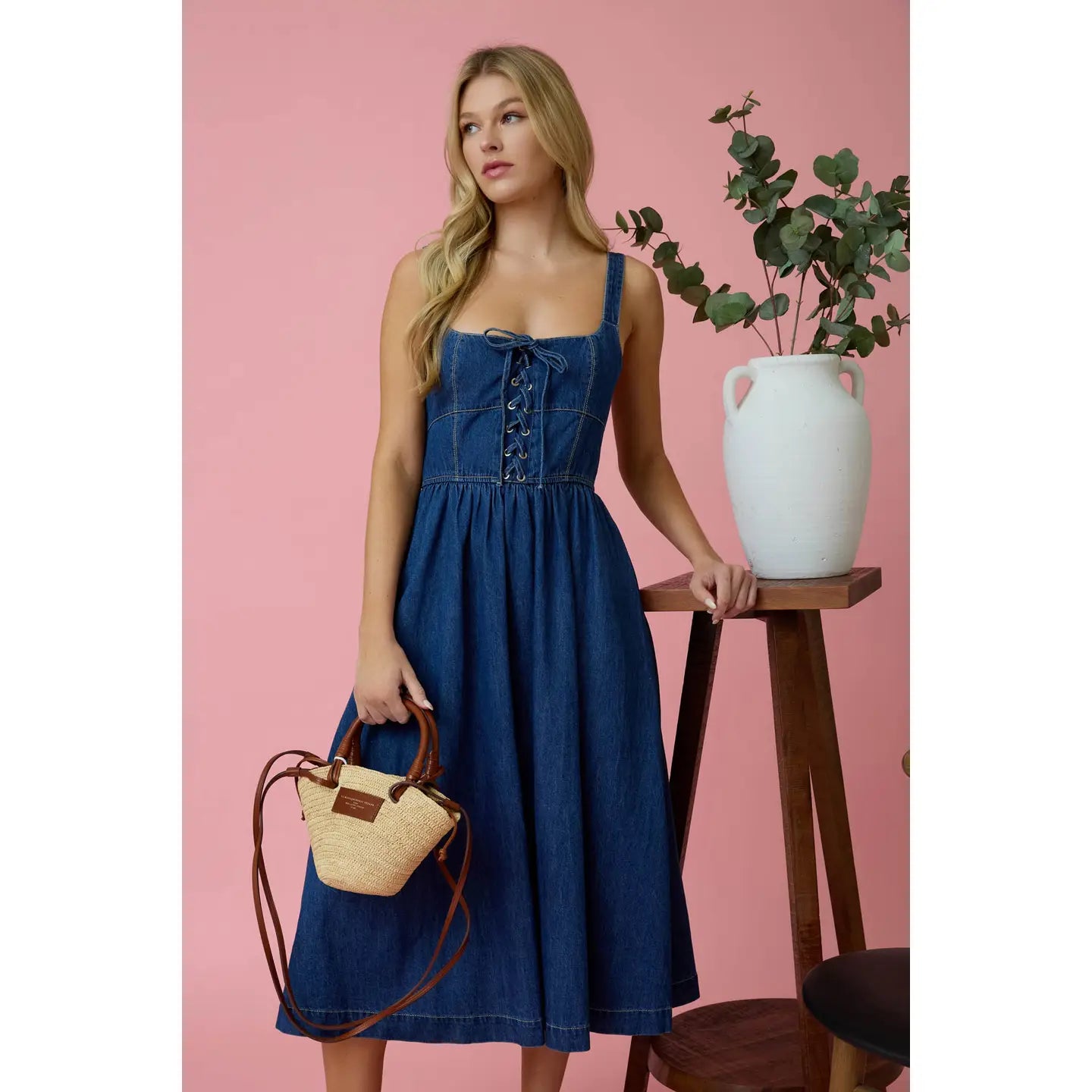 Lace Up Sleeveless Denim Midi Dress with Pockets