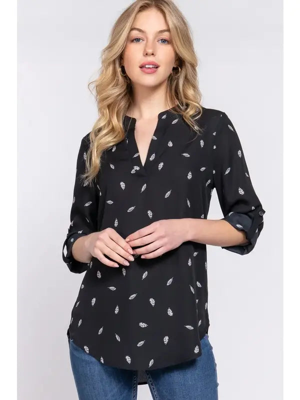 3/4 Roll Up Sleeve V-Neck Feather Print Woven Blouse