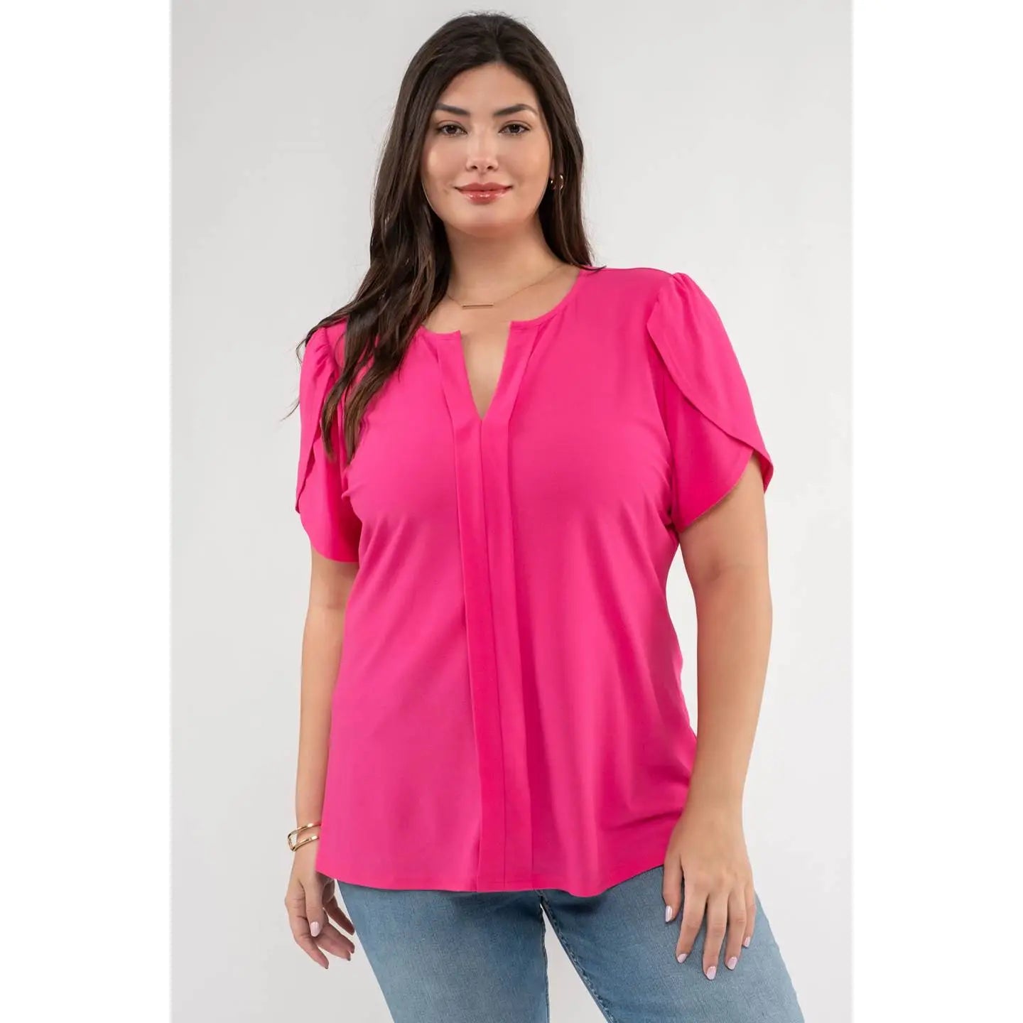 Pink Plus Drape Sleeve Split Neck Short Sleeve Blouse