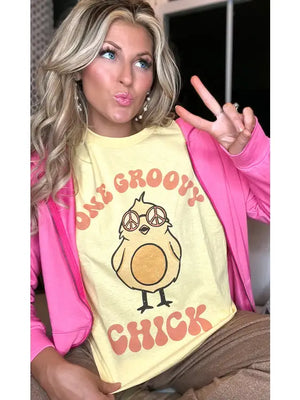 Yellow  One Groovy Chick Graphic T-Shirt - Athena's Fashion Boutique