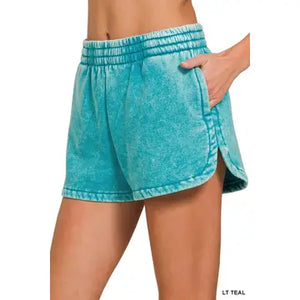 Light Teal Acid Wash Elastic Waistband Fleece Dolphin Shorts - Athena's Fashion Boutique