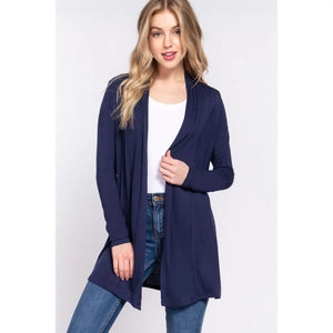 Women's Navy Long Sleeve Front Open Rayon Jersey Long Cardigan - Athena's Fashion Boutique
