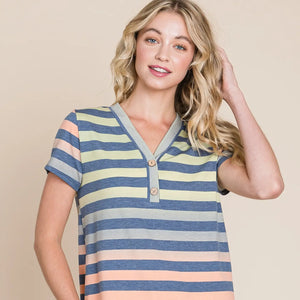 Women's Tshirt Button V-Neck Stripe Top - Athena's Fashion Boutique