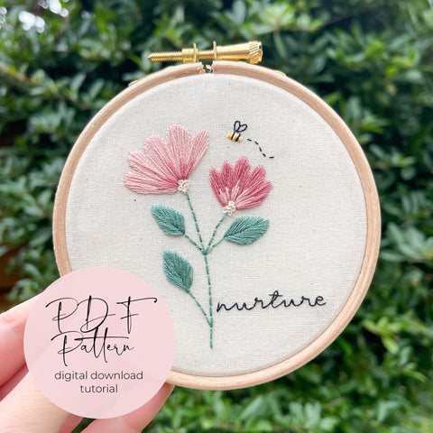 Hand embroidery PDF pattern tutorial with instructions for pink floral design with bumble bee and lettering