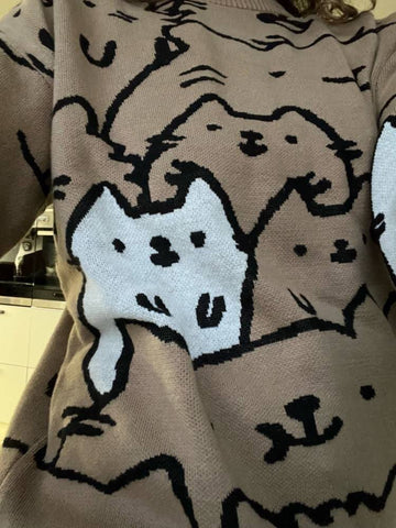 Harajuku Anime cat pattern sweater apricot