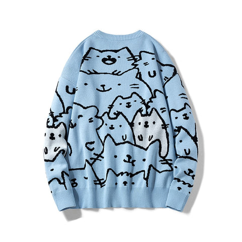Sky blue Harajuku Cat Retro Sweater