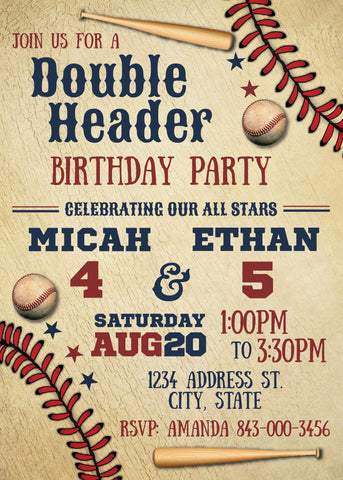 Double header baseball joint birthday invite