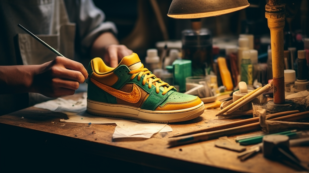 close image of a person crafting a sneaker on a workshop table