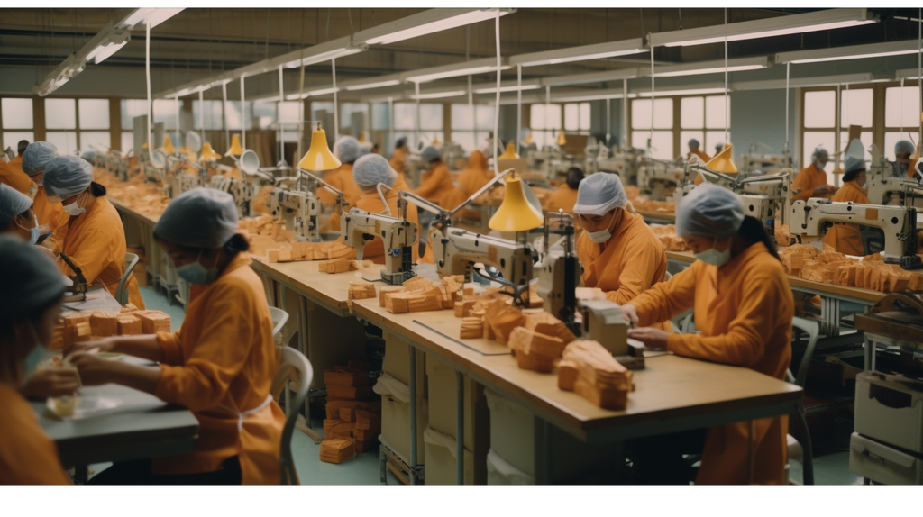rows of workers working in a sneaker factory