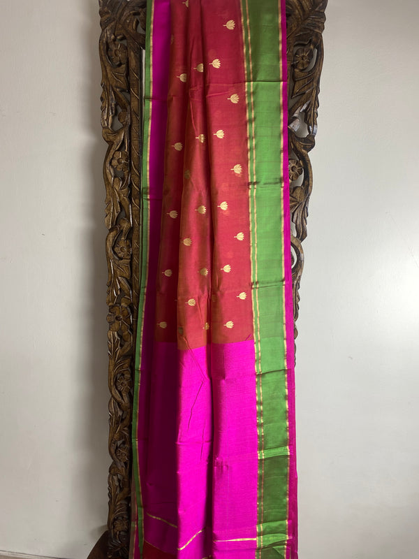 Rani pink chanderi silk saree with jhoomar motifs all over – Roots