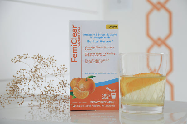 Can stress cause a herpes outbreak? FemiClear Restoratives Herpes Relief Drink Mix may help with stress relief.