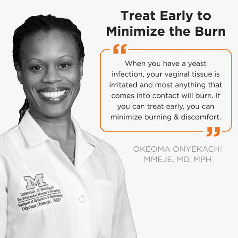 A quote from Dr. Okeoma Mmeje discussing the importance of treating early to minimize the burning caused by yeast infections