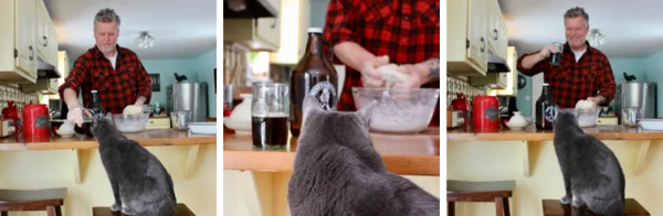 Kenny feeding the cat bread dough