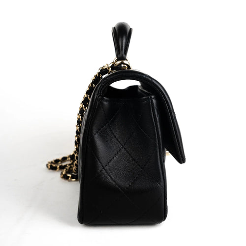 Small shopping bag, Grained calfskin & gold-tone metal, black