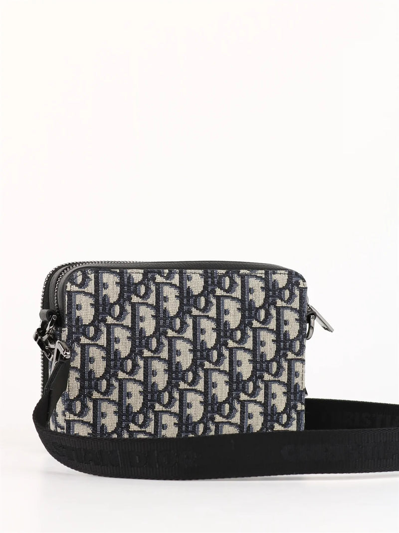 Saddle Pouch with Strap Beige and Black Dior Oblique Jacquard and Black  Grained Calfskin  DIOR