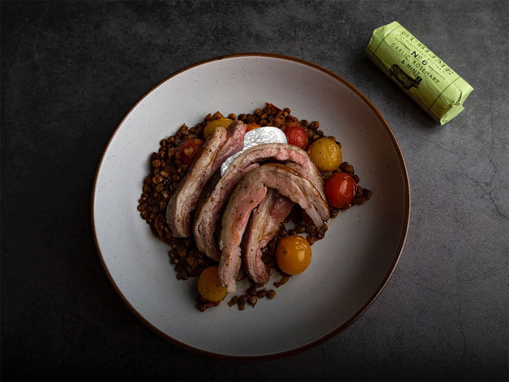 Roast Rump of Lamb, Sautéed Cherry Tomatoes, Lentils & Shallots