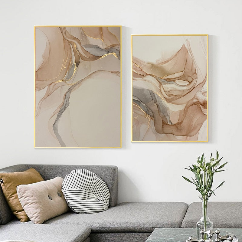 Marble Pattern Beige and Gold Wall Art Canvas Print