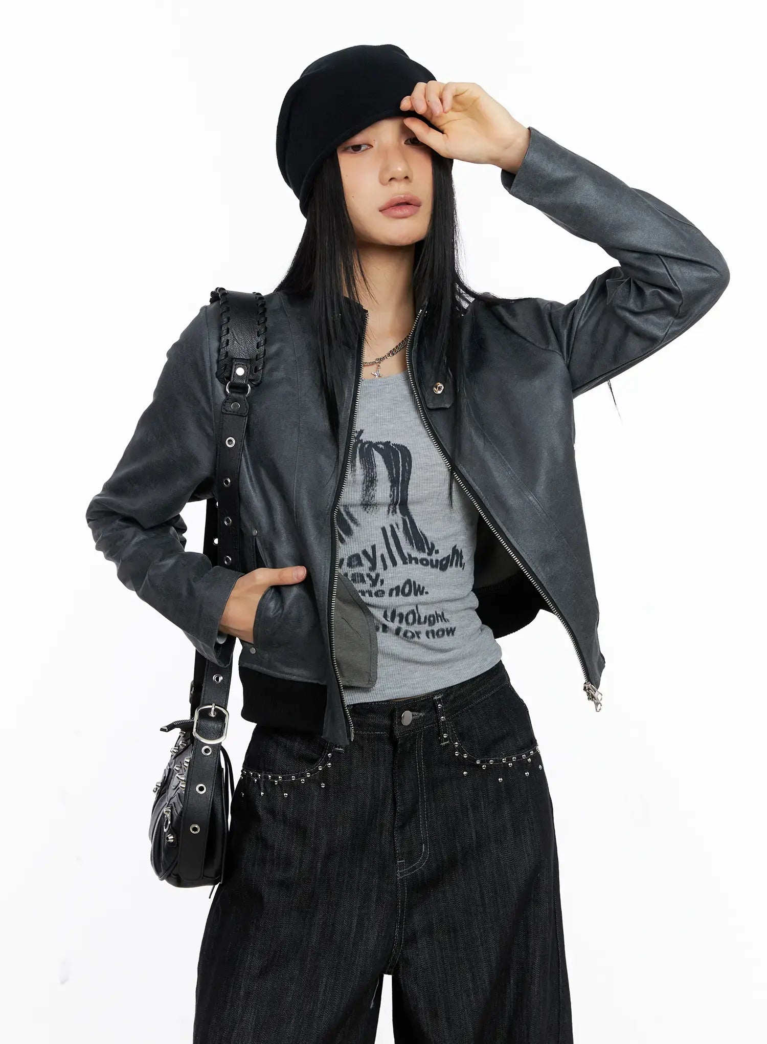 ジャケット・アウター blackup fake leather jacket Women's Black Faux Leather Zip Up Jacket