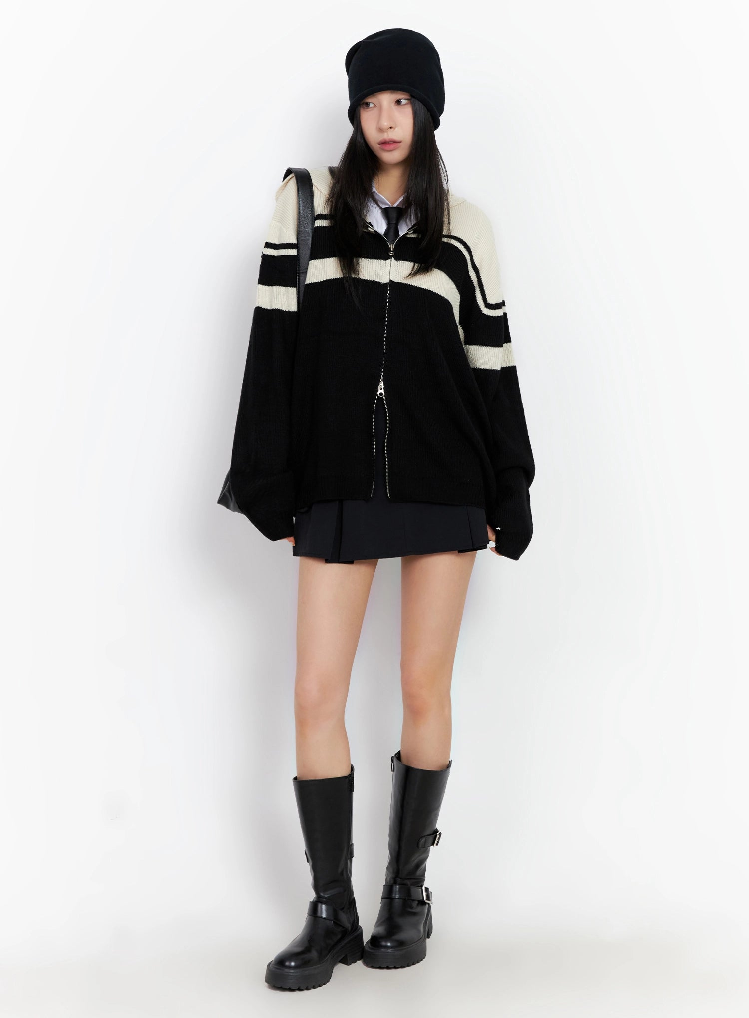 Striped Oversized Zip-Up Knit Hoodie IG508