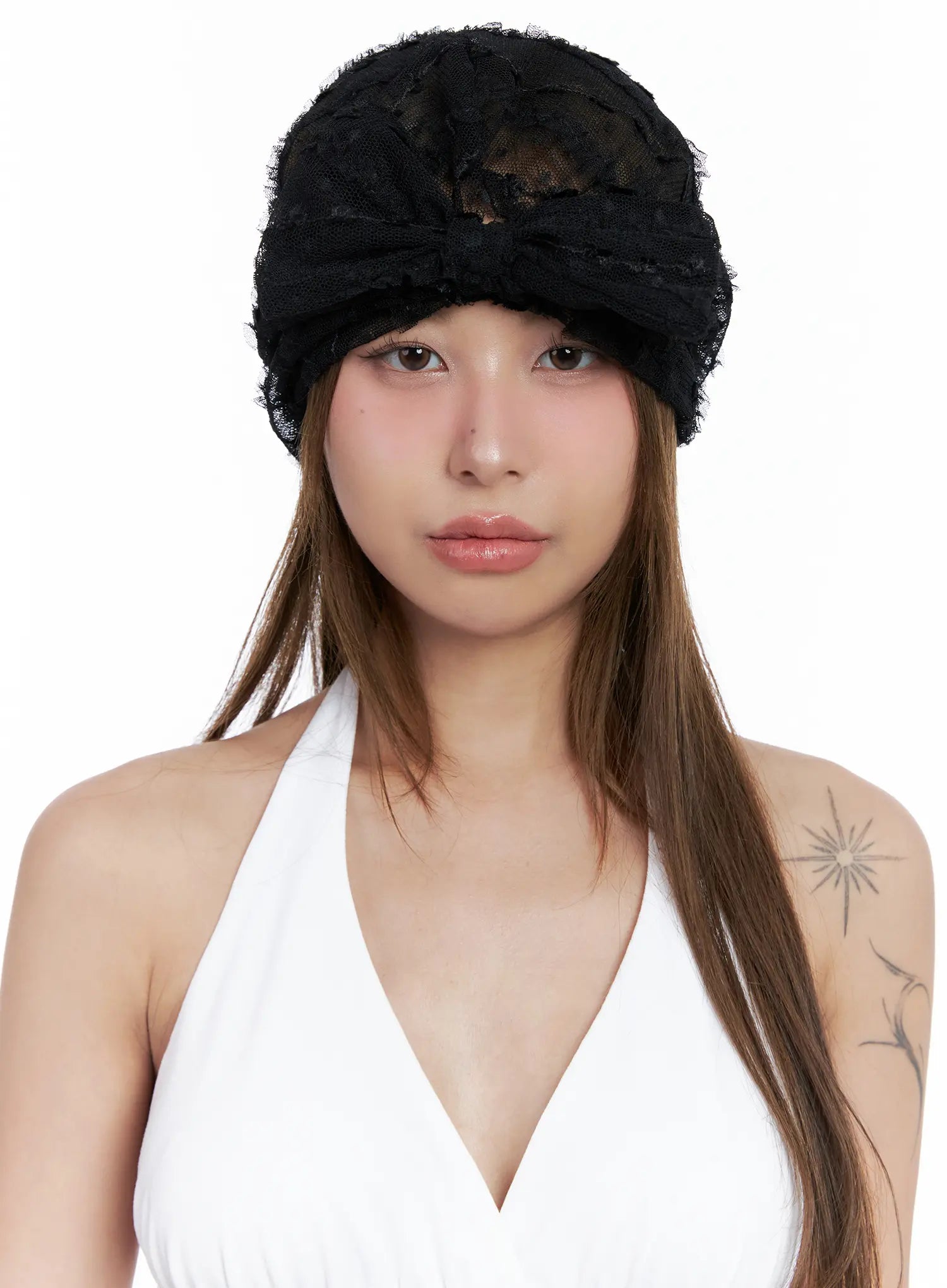 Sheer Polka-Dot Ribbon Beanie CL514