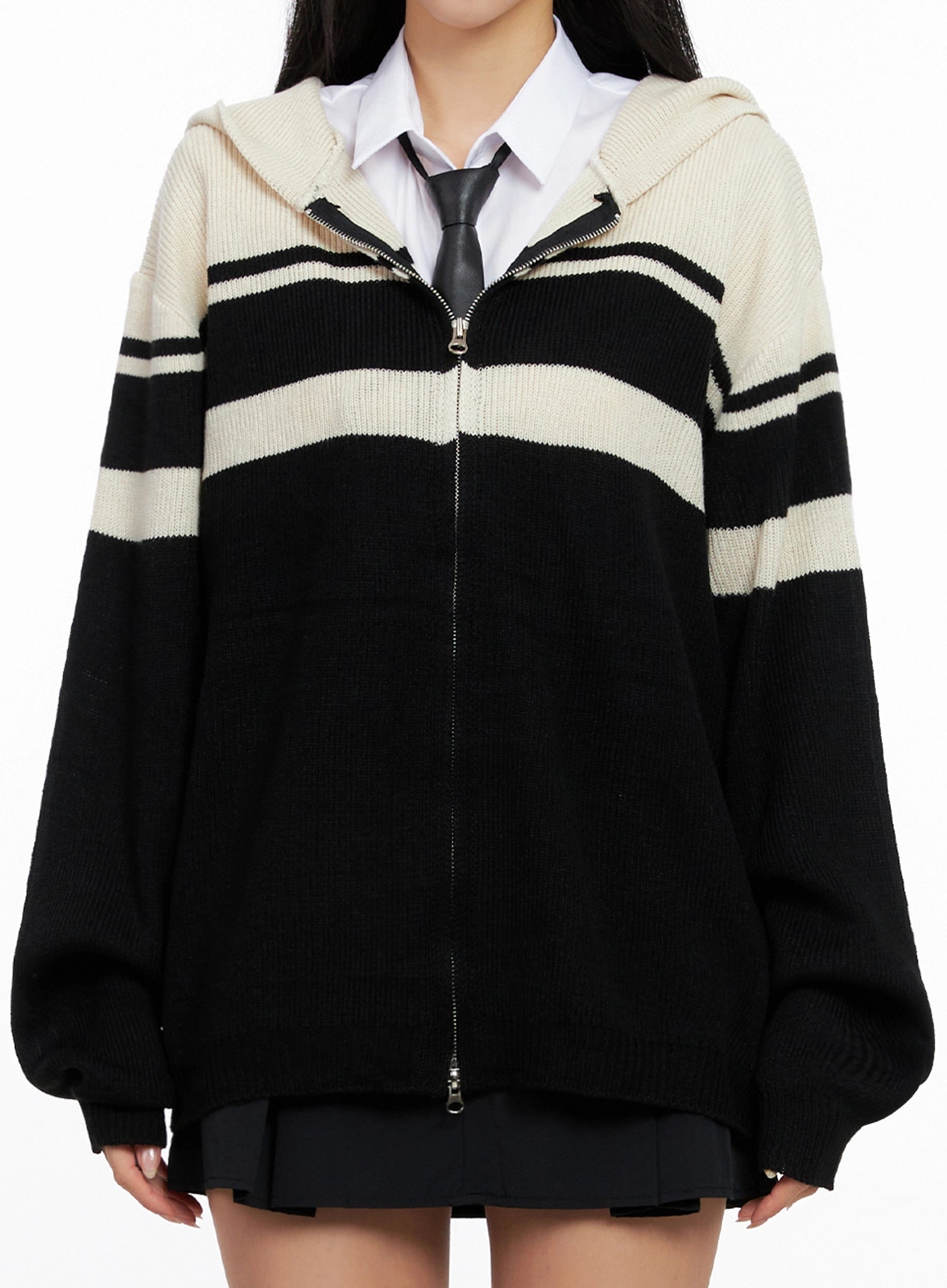 Striped Oversized Zip-Up Knit Hoodie IG508