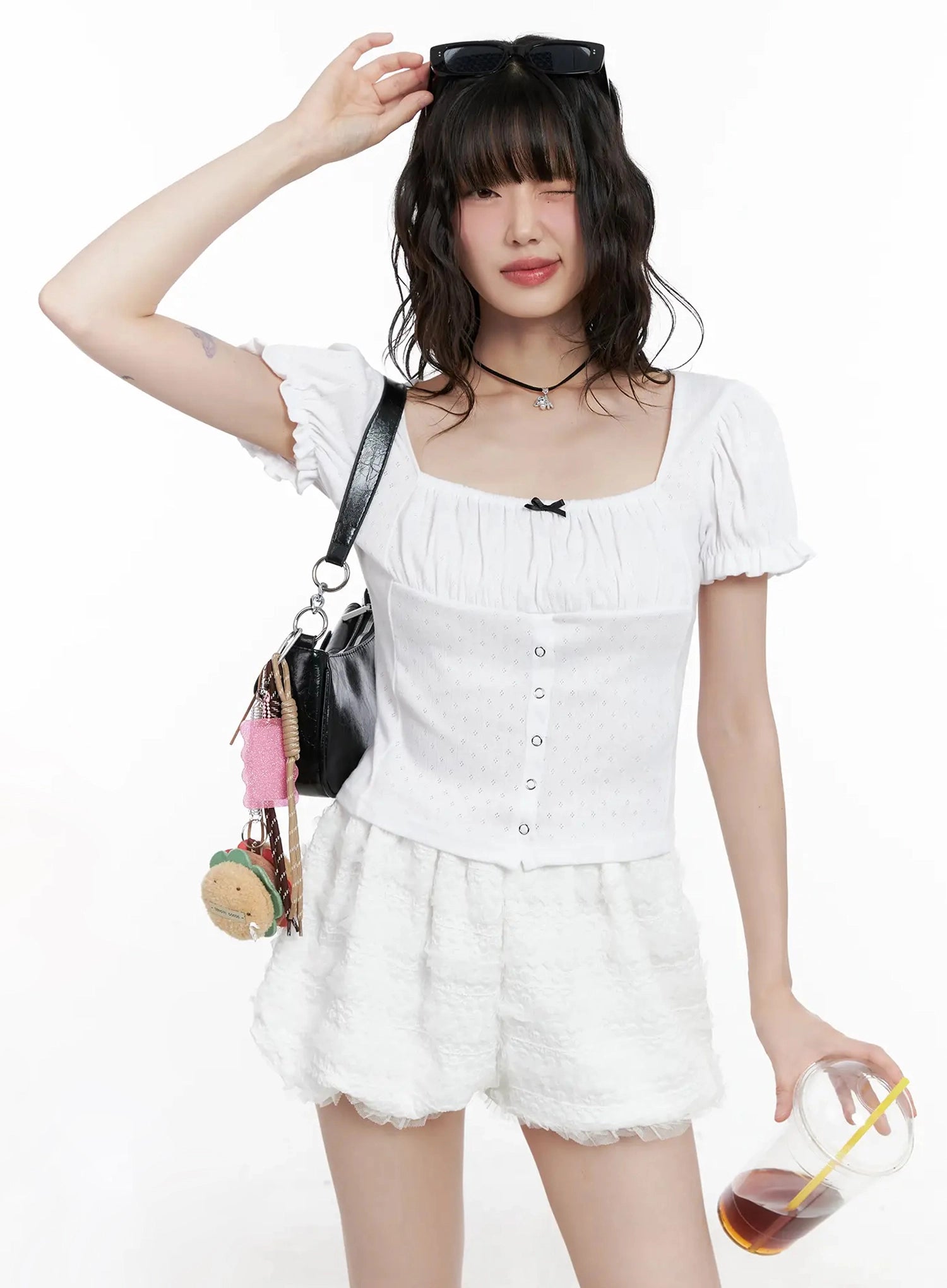 Ribbon-Detail Puff-Sleeve Top IL528