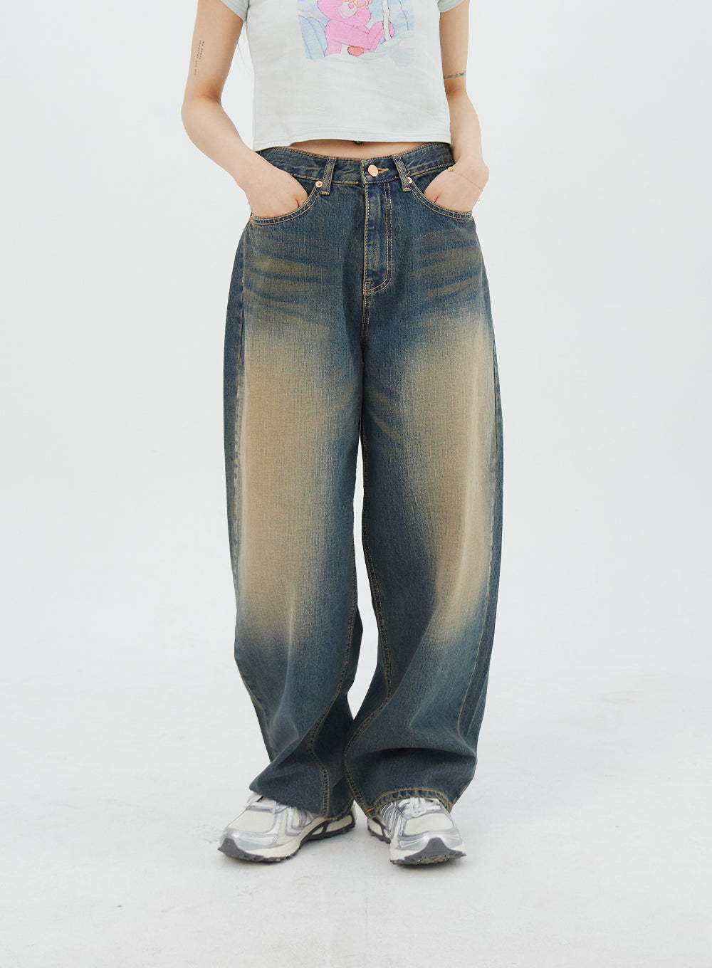 Washed Wide Denim Pants - Lewkin