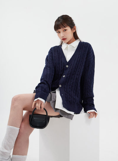 Cable Knit Relaxed Fit Cardigan C7102 - Lewkin