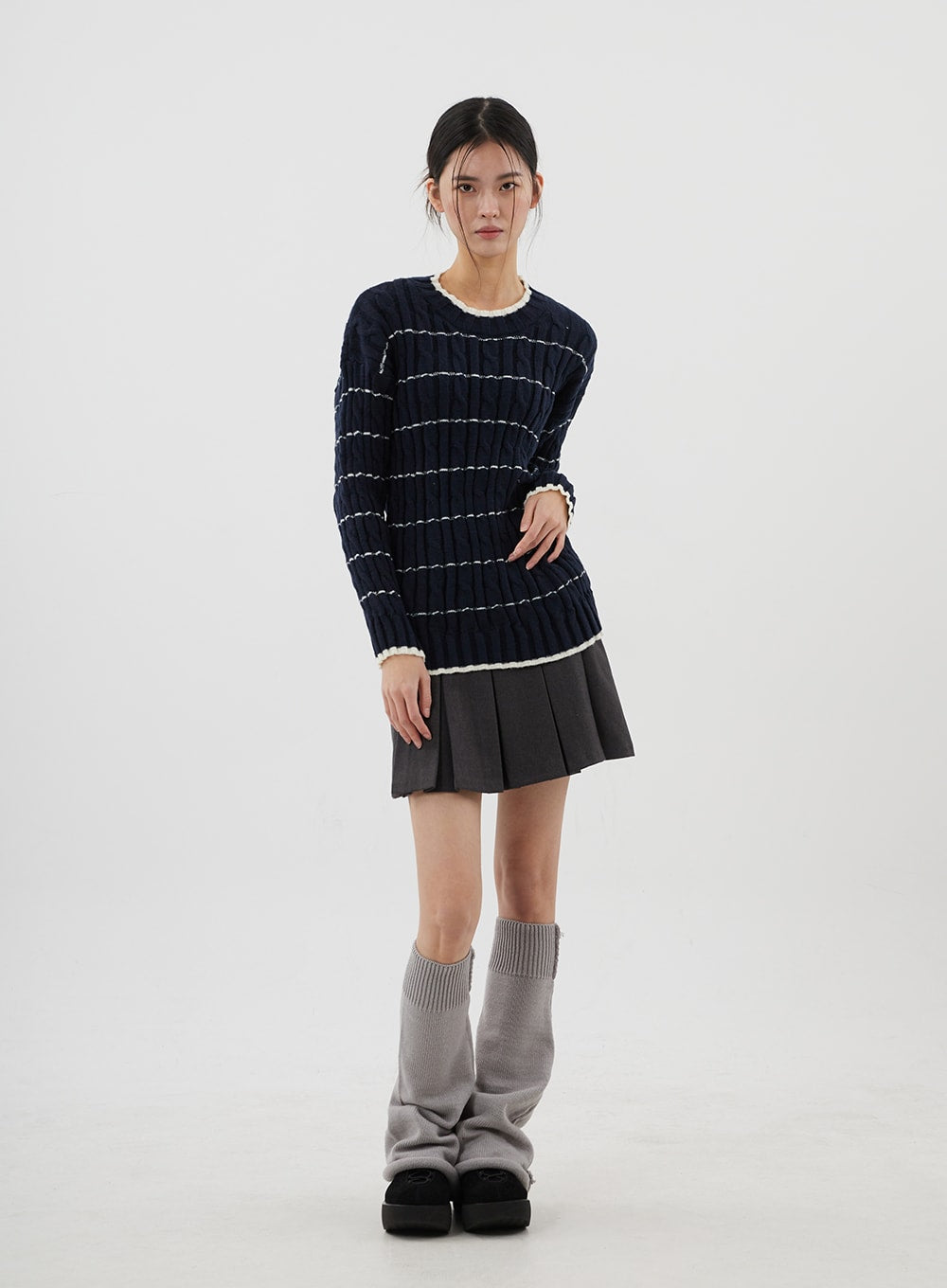 Cable Knit Stripe Crewneck Sweater CJ310