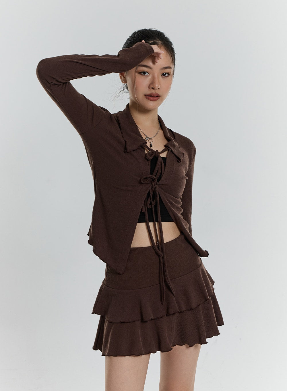 Front Tie Cardigan And Wavy Mini Skirt Set CN24 - Lewkin