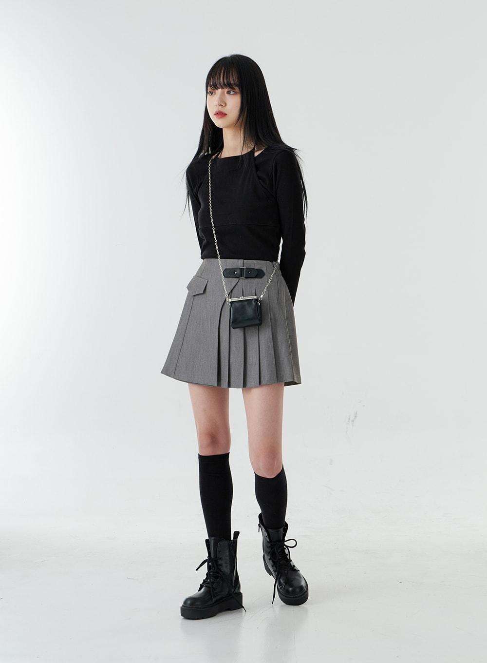 Side Buckle Half Pleated Mini Skirt OO26 - Lewkin