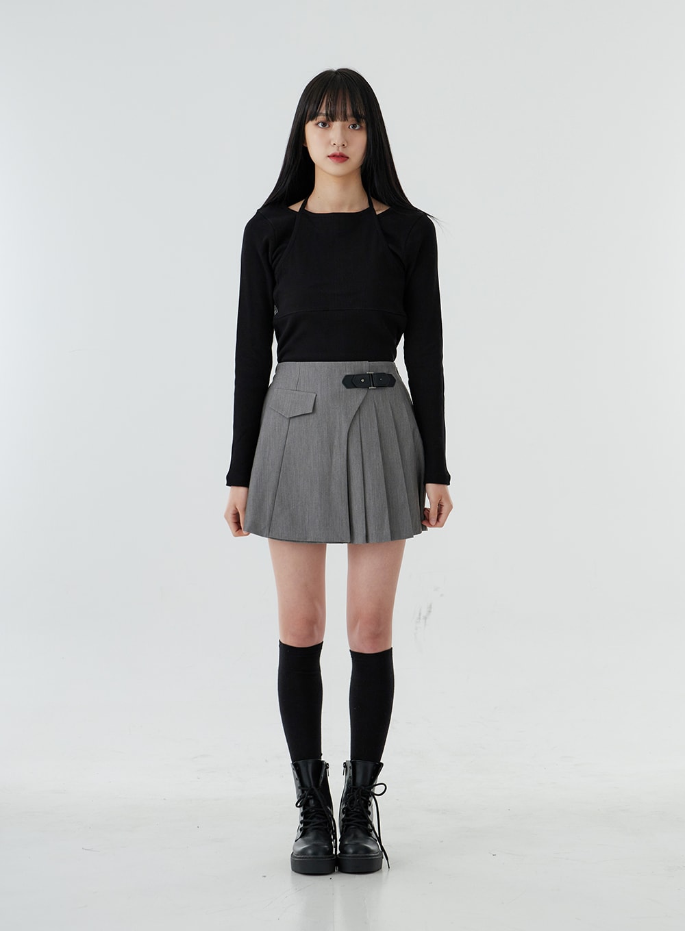 Side Buckle Half Pleated Mini Skirt OO26 - Lewkin