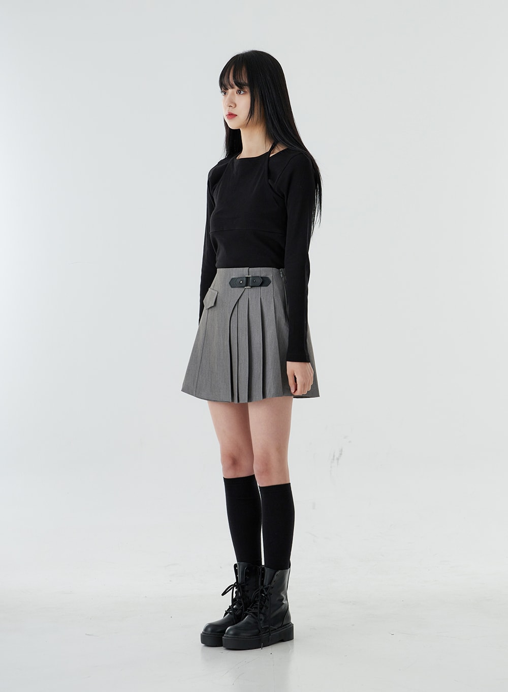 Side Buckle Half Pleated Mini Skirt OO26 - Lewkin