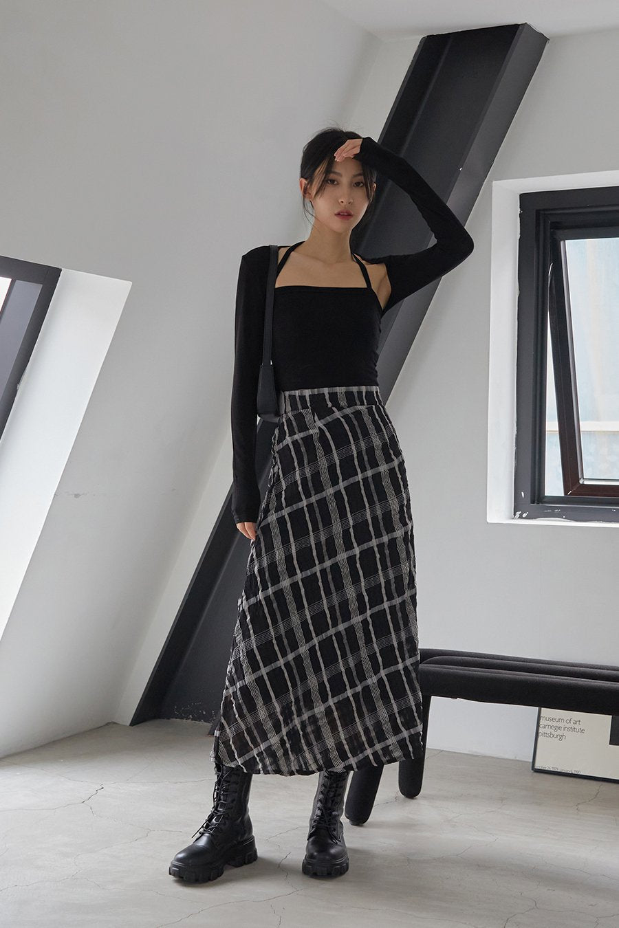 Checked Pattern Maxi Flare Skirt - Lewkin