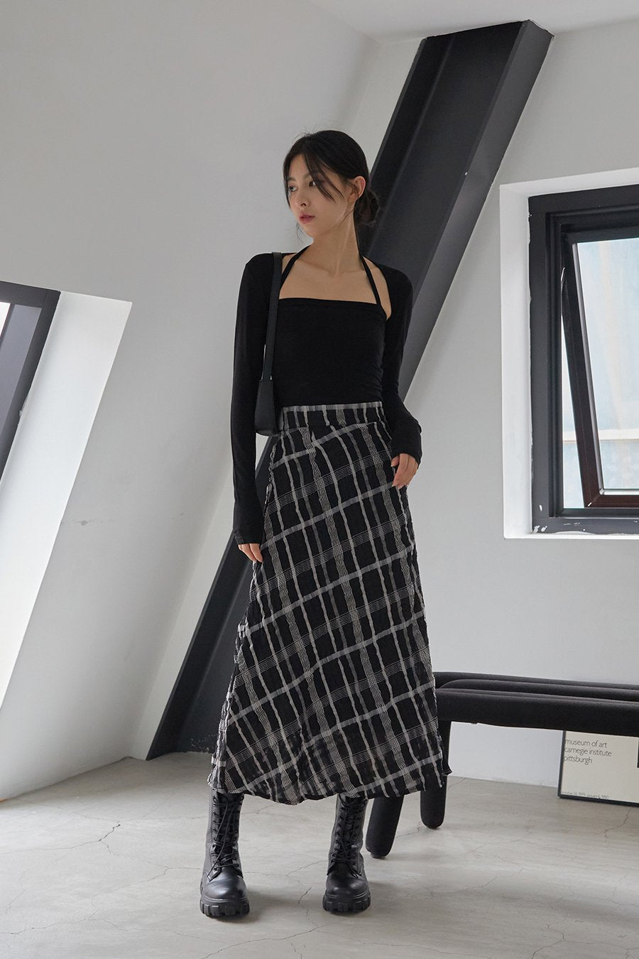 Checked Pattern Maxi Flare Skirt - Lewkin