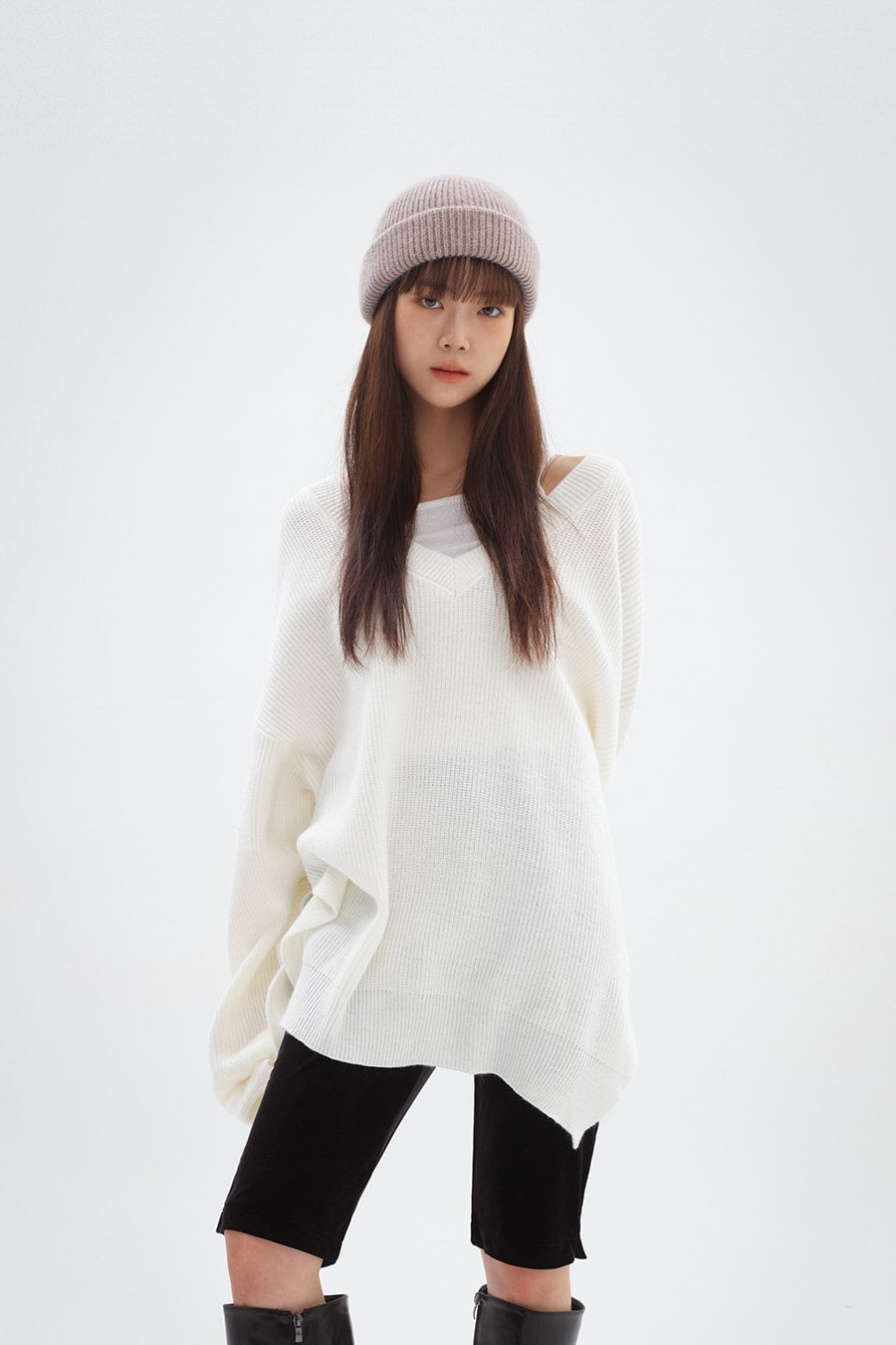 Split V-Neck Long Knit - Lewkin