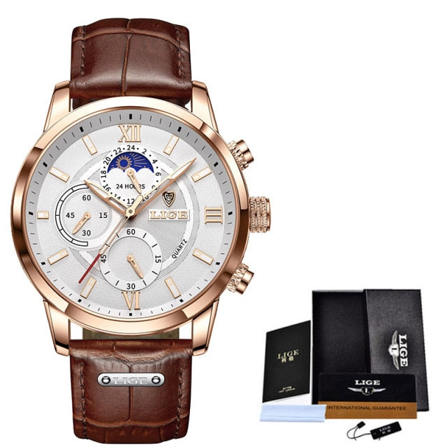 LIGE Men Watches 2021 New Fashion Leather Waterproof Luminous Top Brand Luxury Mens Quartz Wristwatch Men Relogio Masculino+box