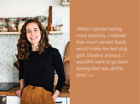 Photo of Alexandra Daum in her kitchen accompanied by a quote talking about healthy eating