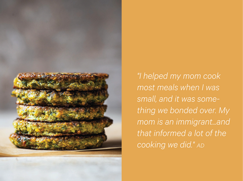 Photo of Lentil and Greens Patties accompanies by a quote about Alexandra's food influences as a kid