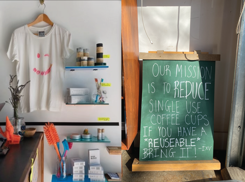 Photos showing a no waste t-shirt and signage at IXV coffee explaining their mission to reduce single-use coffee cups 