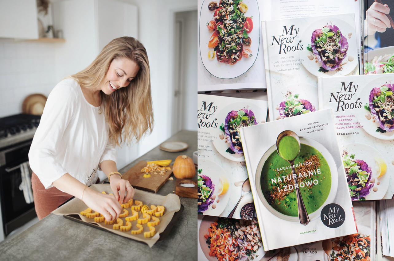 Sarah Britton in the kitchen alongside an image of her cookbooks