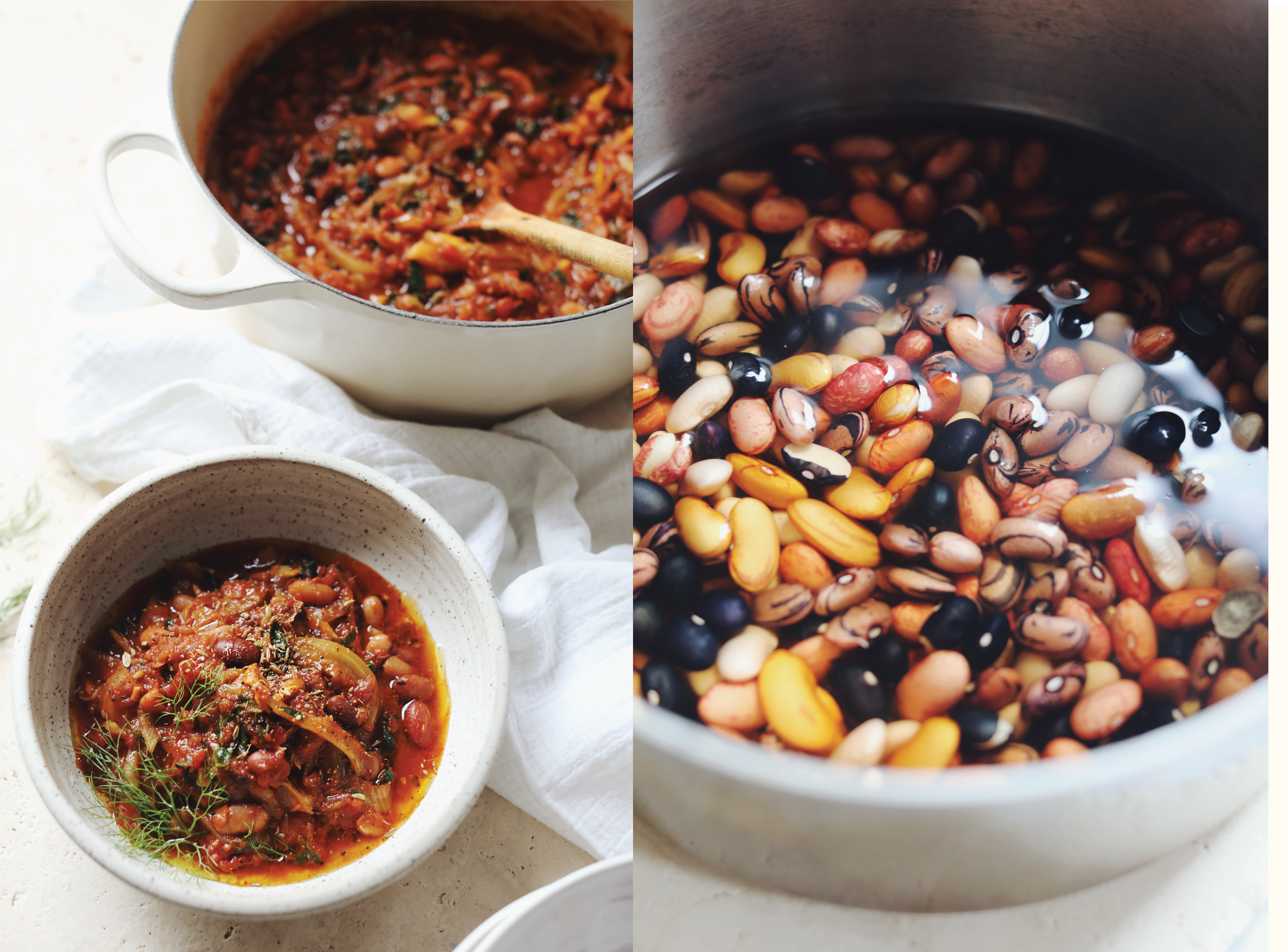 Garlicky Mixed Heirloom Bean & Fennel Stew photo alonside an image of soaking Organic Heirloom Mixed Beans