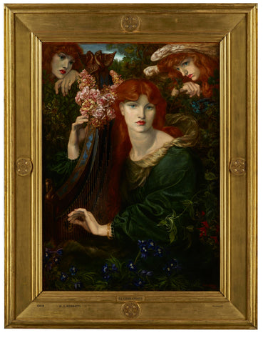 A painting of a red haired lady wearing a dark green dress. It is surrounded by a deep gold frame.