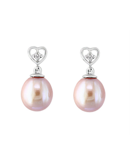 14K White Gold Pink Freshwater Pearl and Triple Diamond Earrings