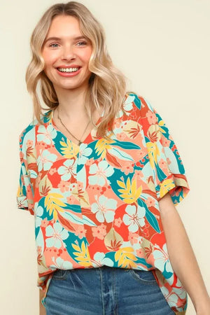 V Neck Drop Shoulder Hawaiian Woven Top - Mima&Co