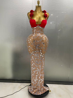 A’Lani Sparkly Rhinestones Mesh Mirrors Red Roses Long Dress - Envious Designs