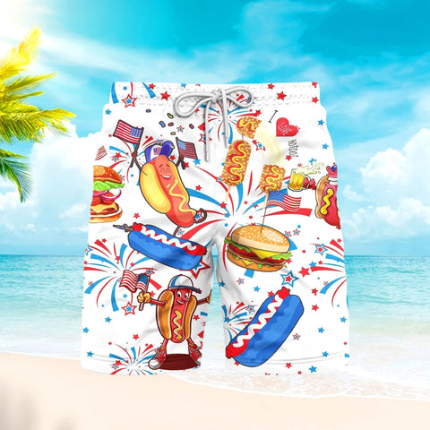 Funny American Hot Dog 4th Of July Independence Day Patriotic Beach Shorts For Men