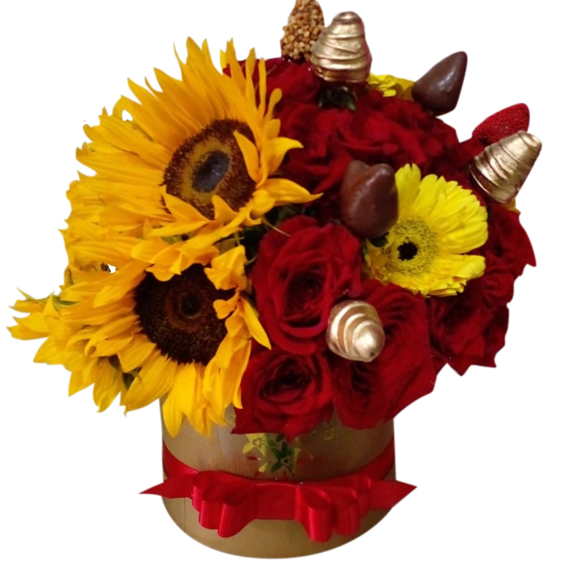 Caja sensación rosas girasoles gerberas y fresas con chocolate –  FloristeriadelaCosta