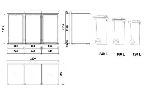 Dimensions du box pour poubelles BIO Stefan avec dessin de la structure de plantation